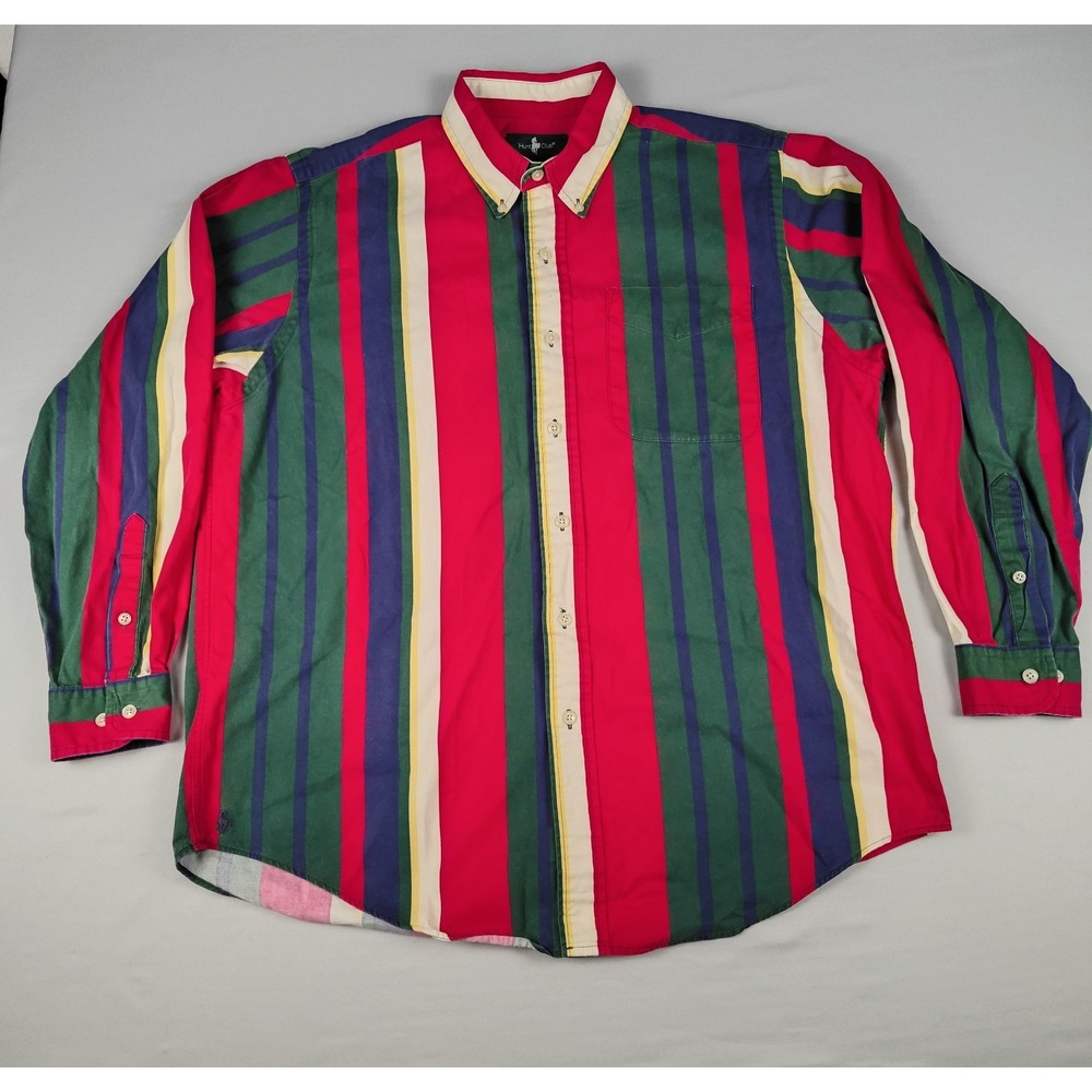Vintage 90s Hunt Club Mens L Striped Button Down Shirt Preppy Colorblock Cotton